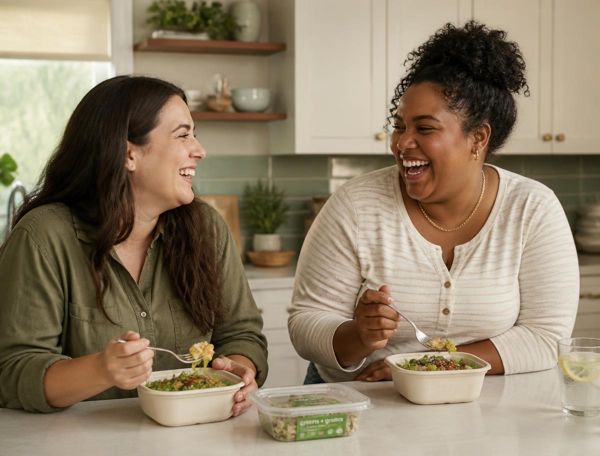 Two women enjoying healthy prepared meals together in a bright kitchen